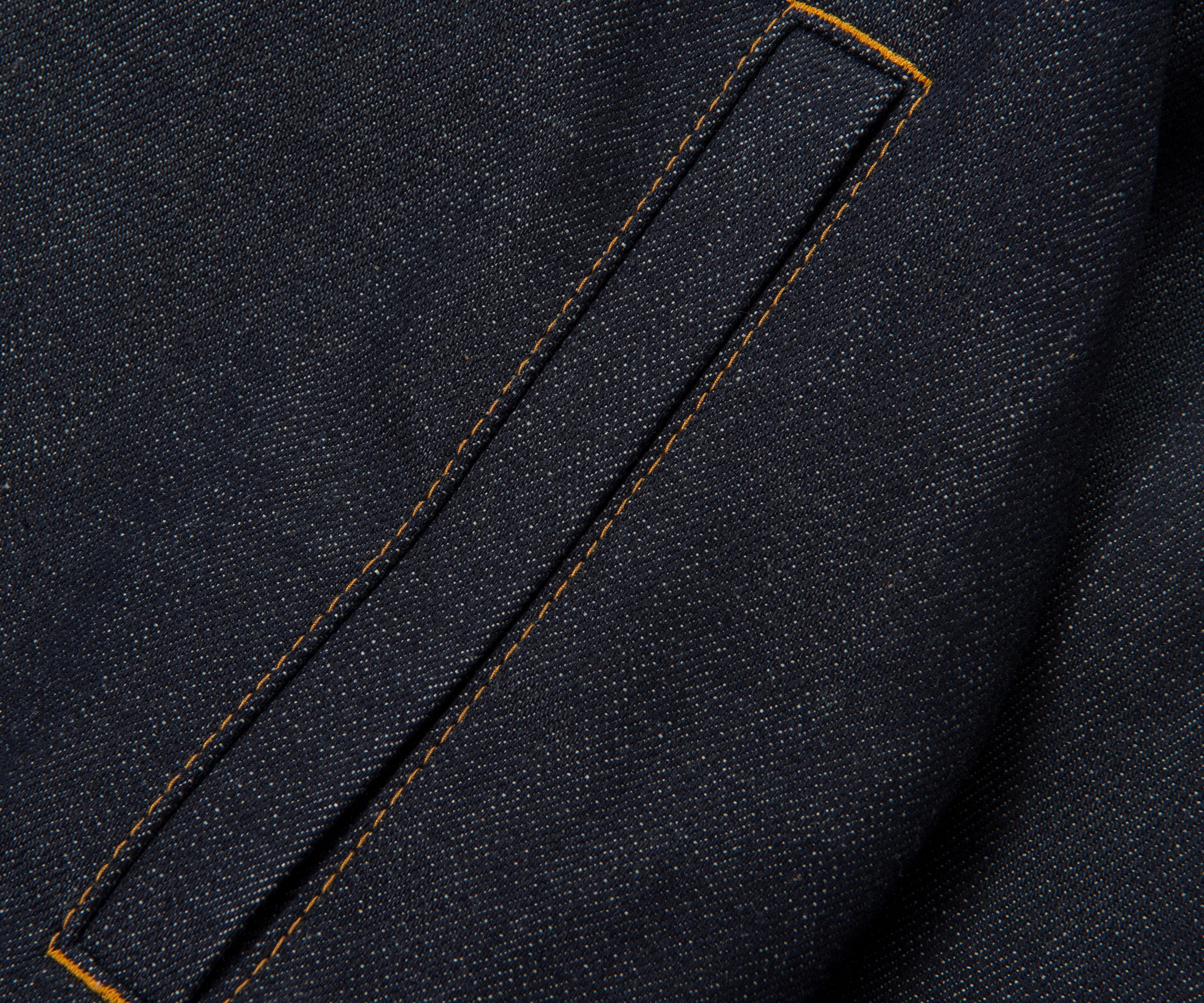 Close-up of dark denim fabric with a pocket detail