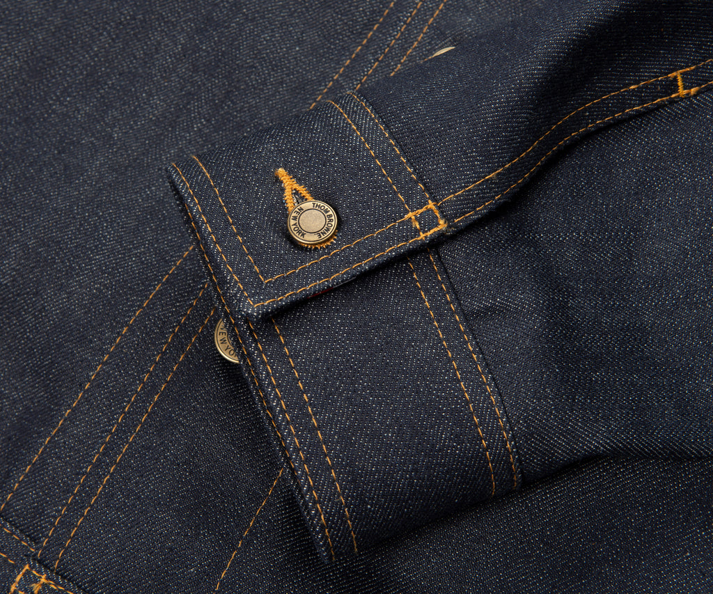 Close-up of a dark blue denim fabric with stitching details