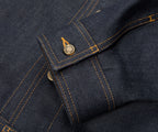 Close-up of a dark blue denim fabric with stitching details