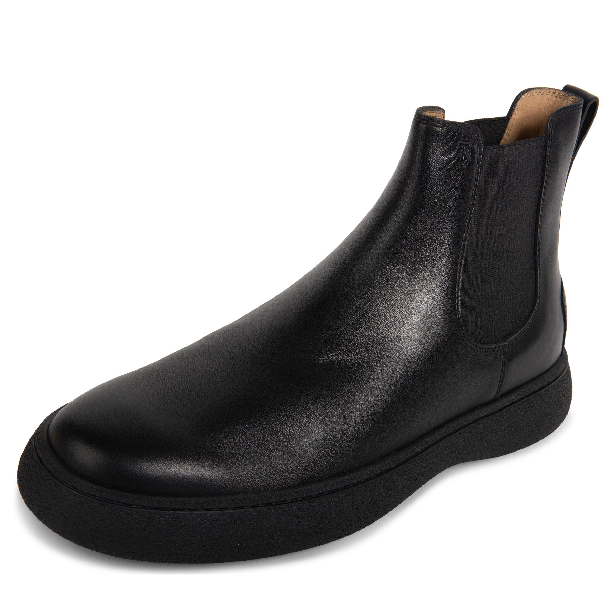 Black leather Chelsea boot on a white background