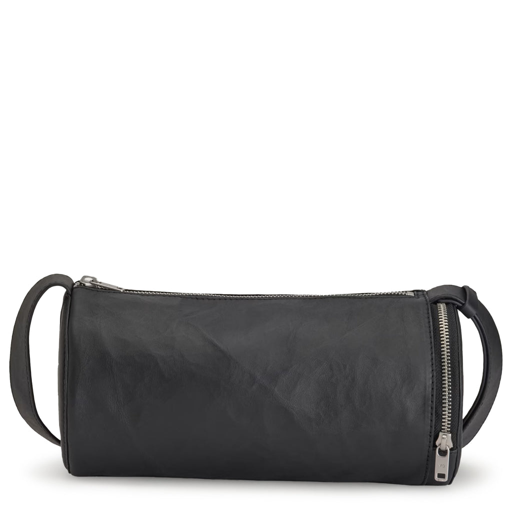 Black leather clutch bag with a strap on a white background