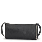 Black leather clutch bag with a strap on a white background