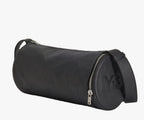 Black cylindrical bag with a zipper on a white background