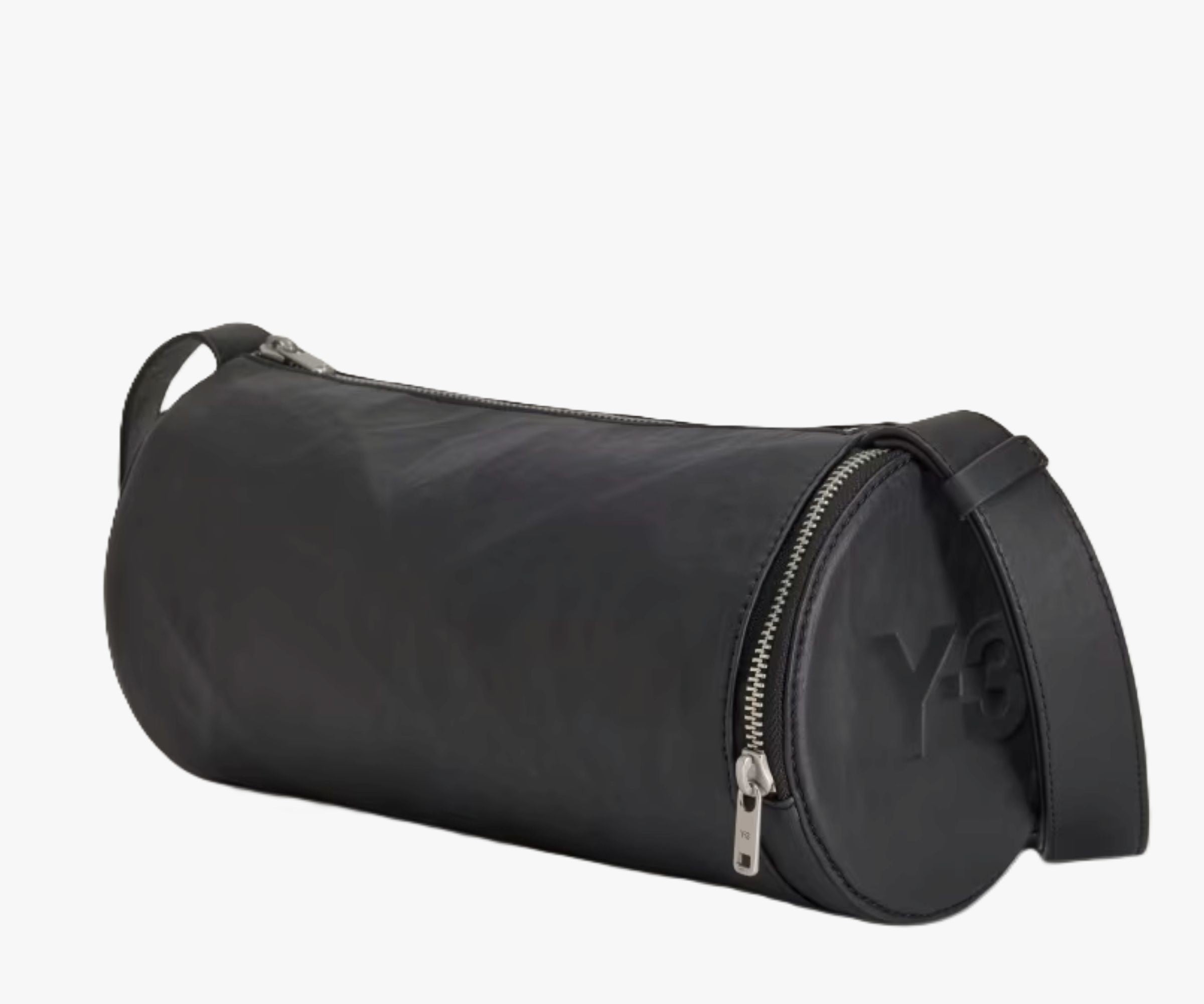 Black cylindrical bag with a zipper on a white background