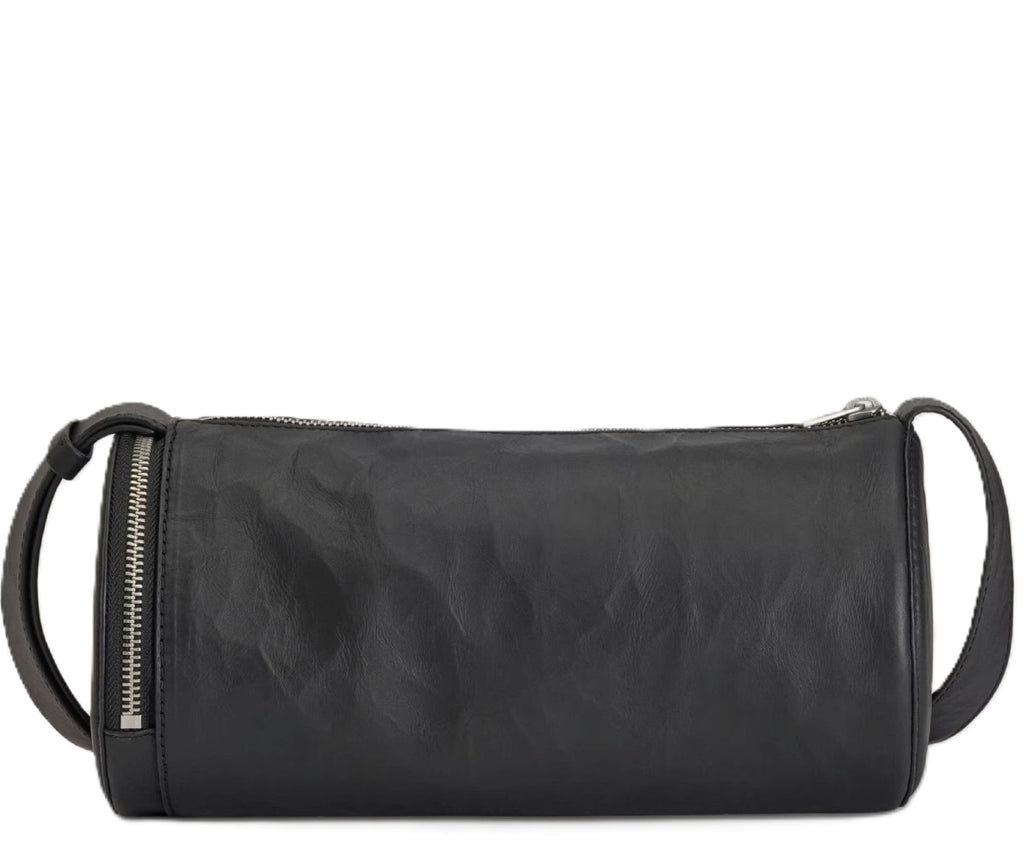 Black leather clutch bag with a zipper on a white background