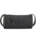Black leather clutch bag with a zipper on a white background