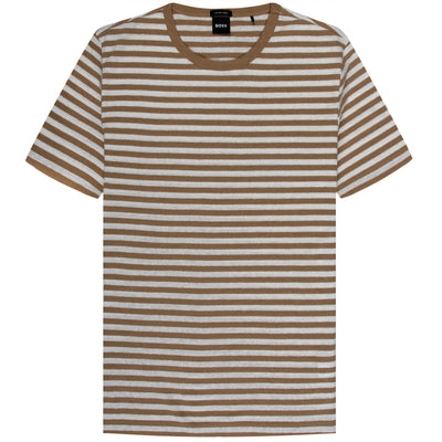 HUGO BOSS Tiburt Striped Linen T Shirt Brown White