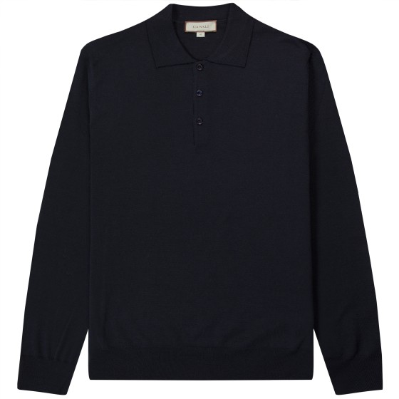 Canali Merino Wool Knitted Long Sleeve Polo Navy