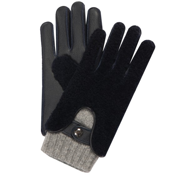 MAZZOLENI Boucle Wool & Leather Gloves Navy