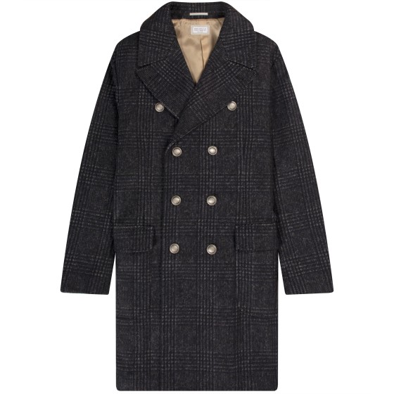 BRUNELLO CUCINELLI Double Breasted Check Overcoat Navy