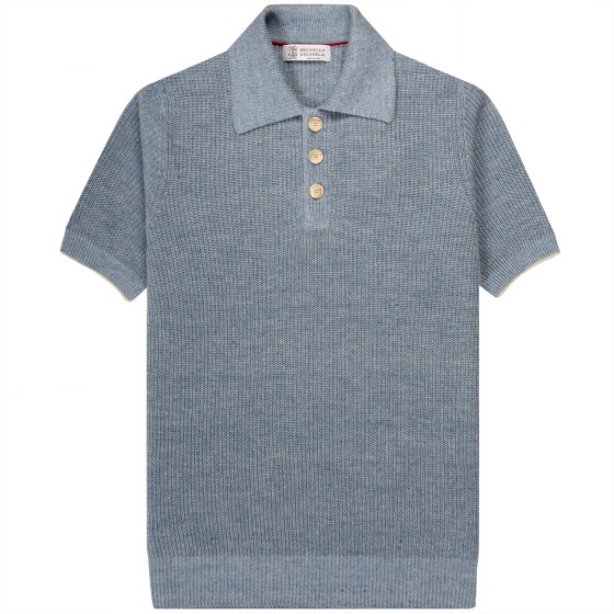 BRUNELLO CUCINELLI Ribbed Large Buttoned Polo Sky Blue