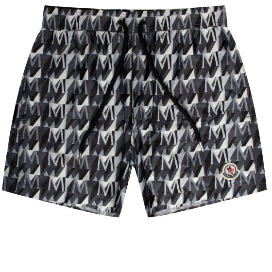 Moncler Monogramed Nylon Swim Shorts Black/White