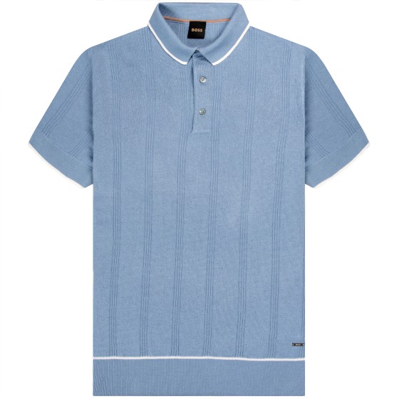 HUGO BOSS Silk And Cotton Knitted Polo Open Blue