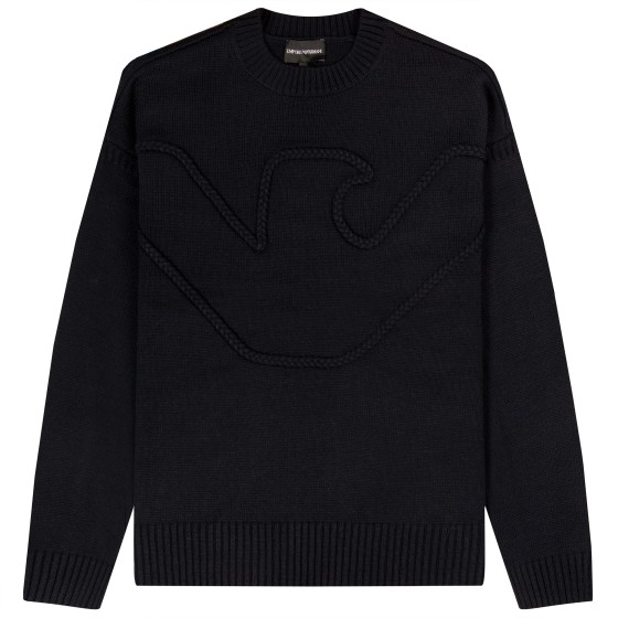 Emporio Armani Oversized Rope Effect Embroided Eagle Knit Navy