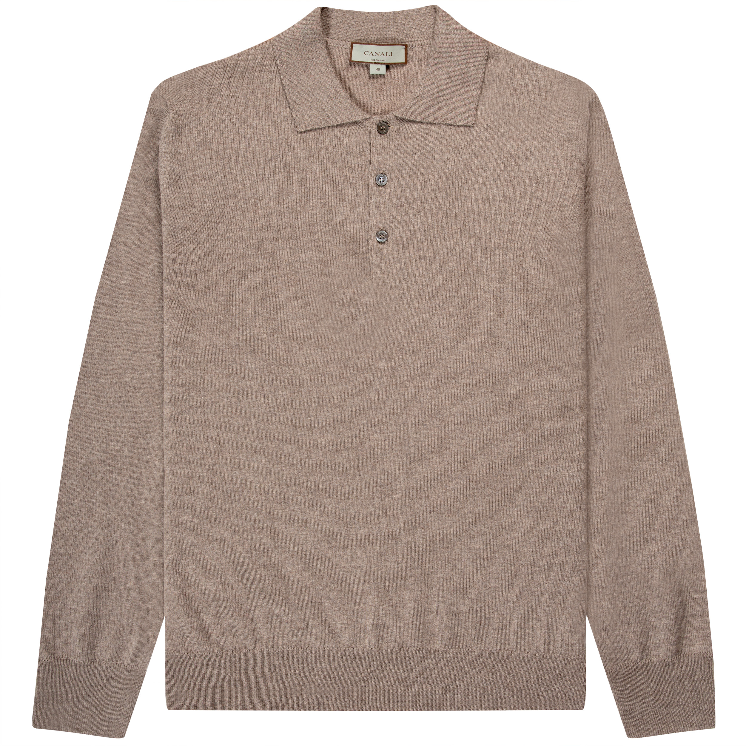 Canali Merino Wool Knitted Long Sleeve Polo Taupe