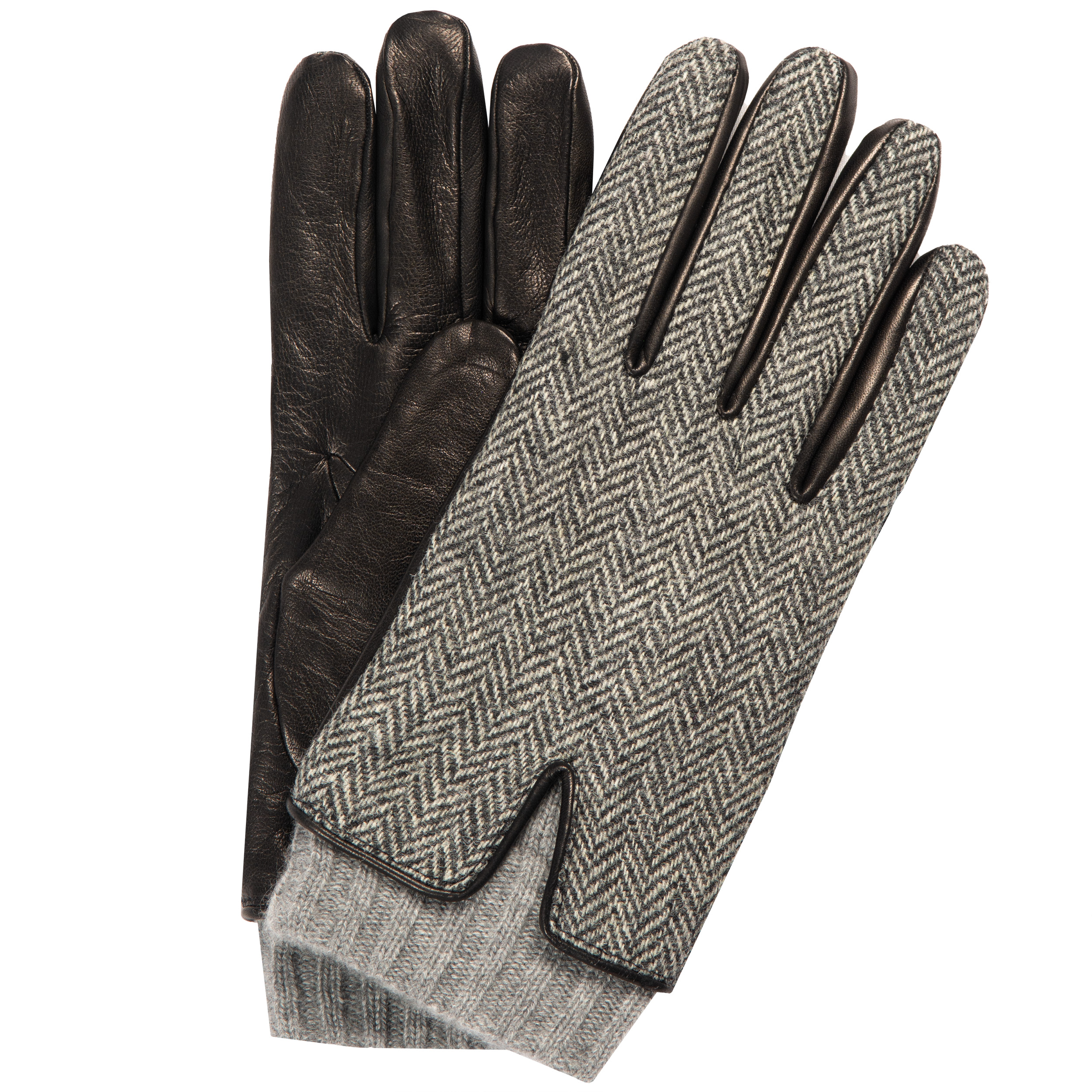 MAZZOLENI Herringbone Wool/Leather Gloves Black/White