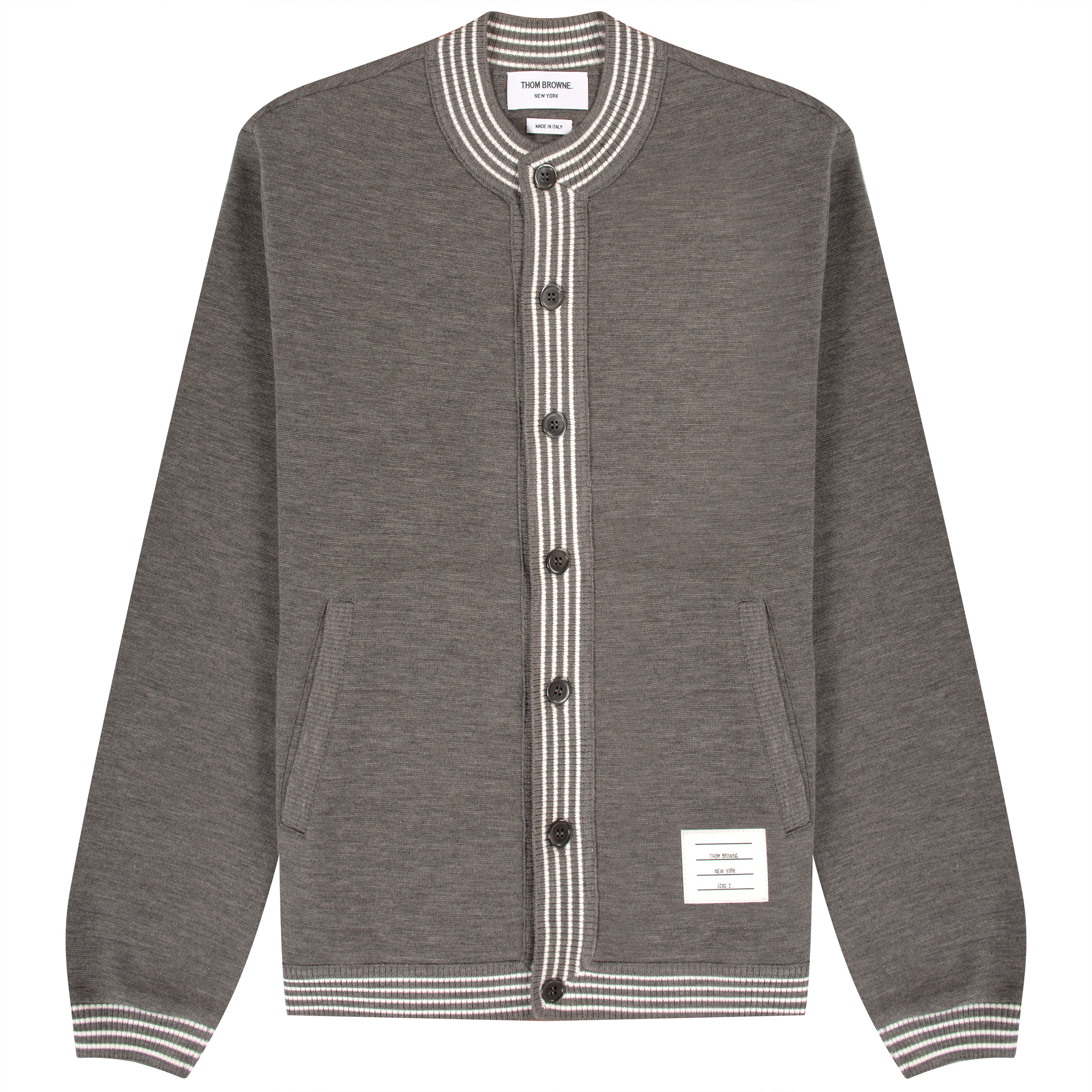 Thom Browne Funnel Neck Stripe Trim Wool Cardigan Medium Grey