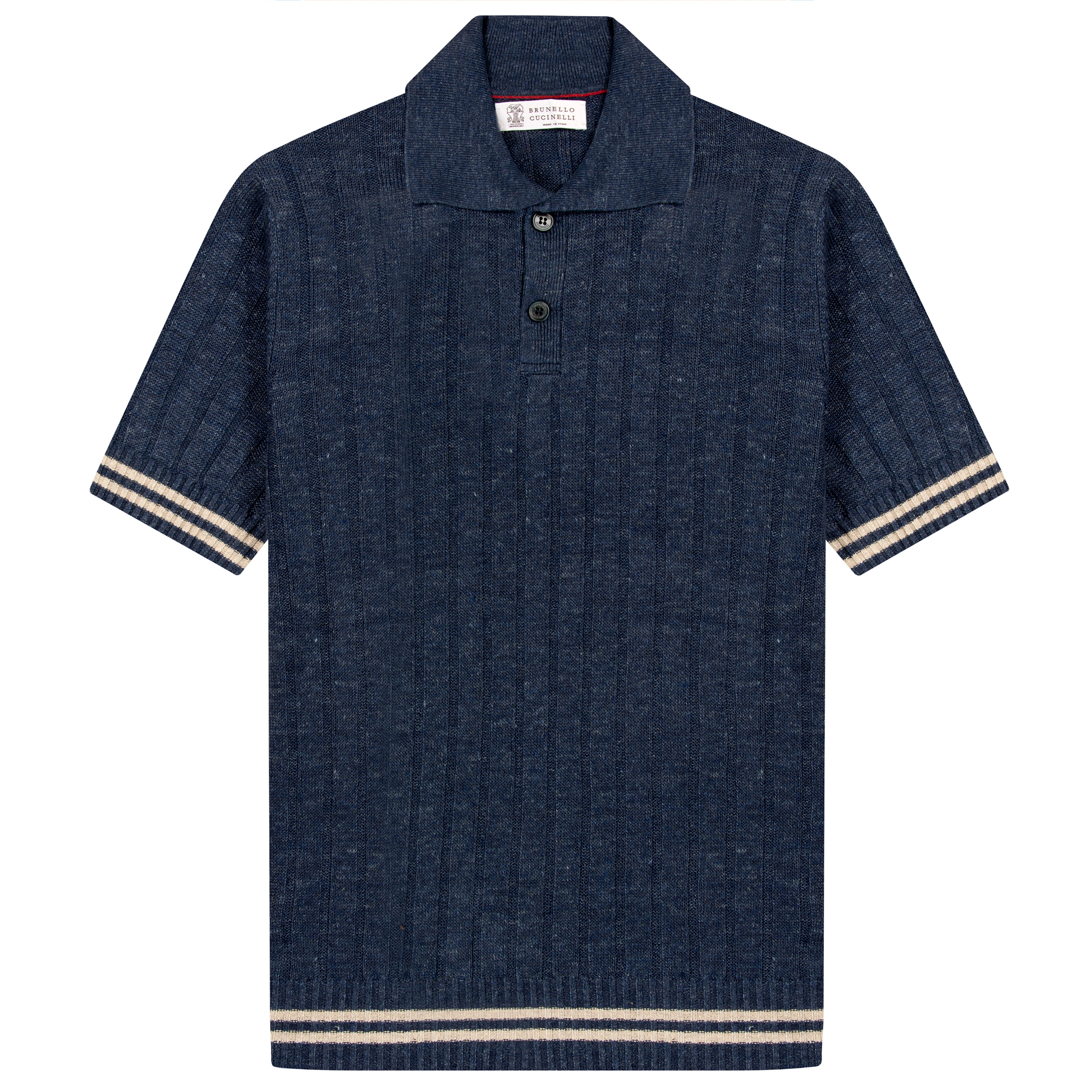 BRUNELLO CUCINELLI SS Striped Knitted Polo Denim Blue