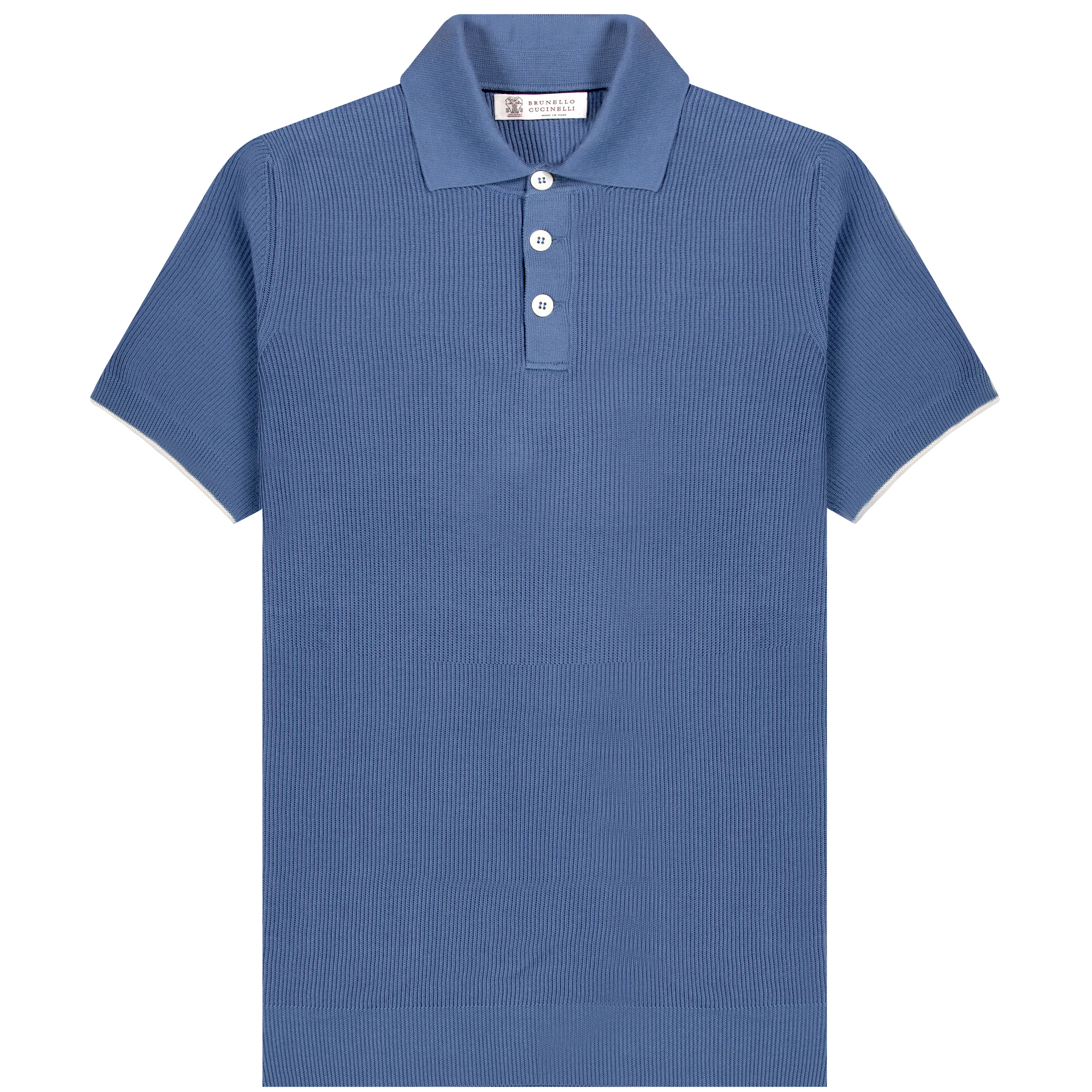 BRUNELLO CUCINELLI English Rib Polo-Style SS Sweater Oxford Blue