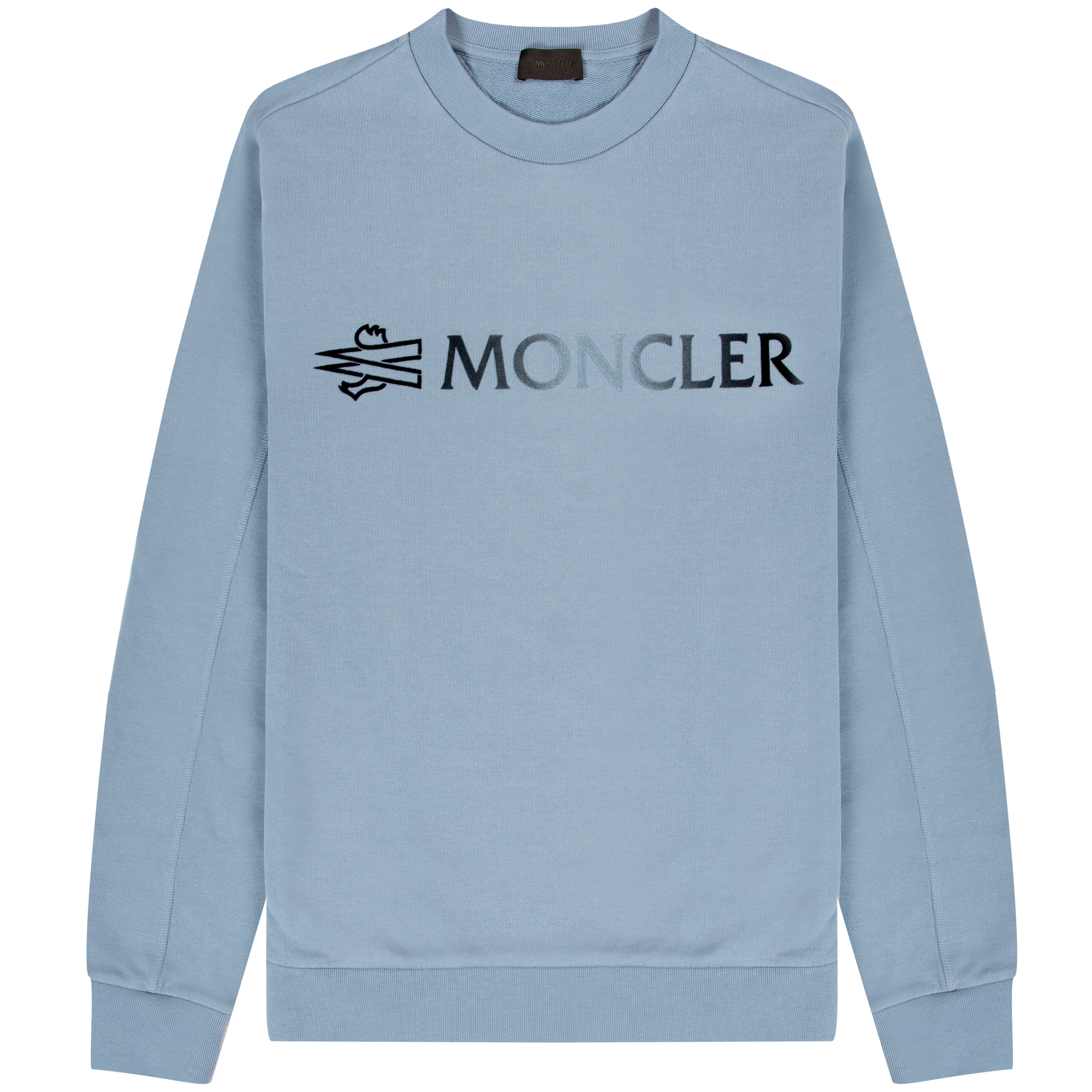 Moncler Matt Black Embellished Felt Logo Crewneck Sweatshirt Powder Blue
