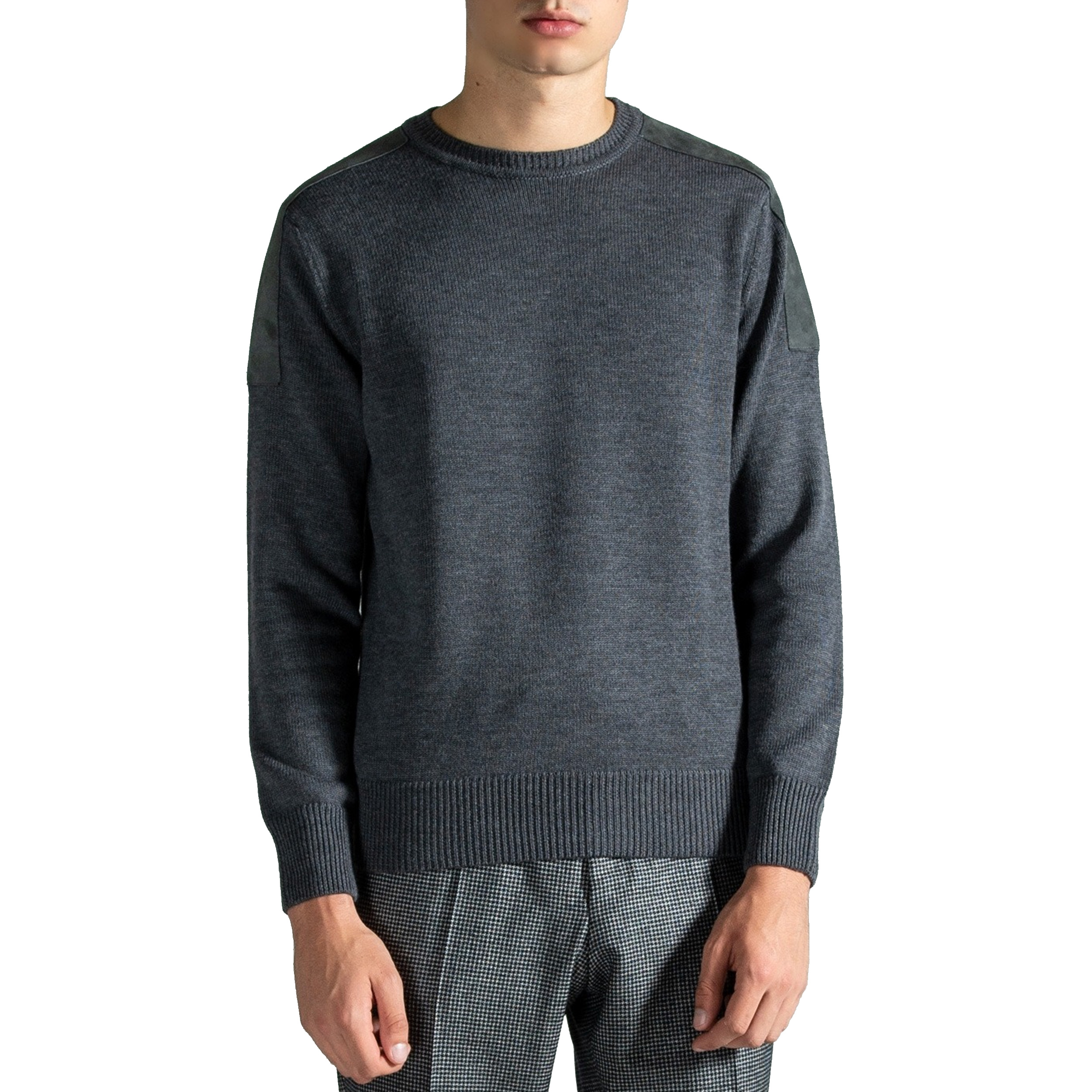 Canali Crew Neck Wool Knit With Suede Detail Charcoal