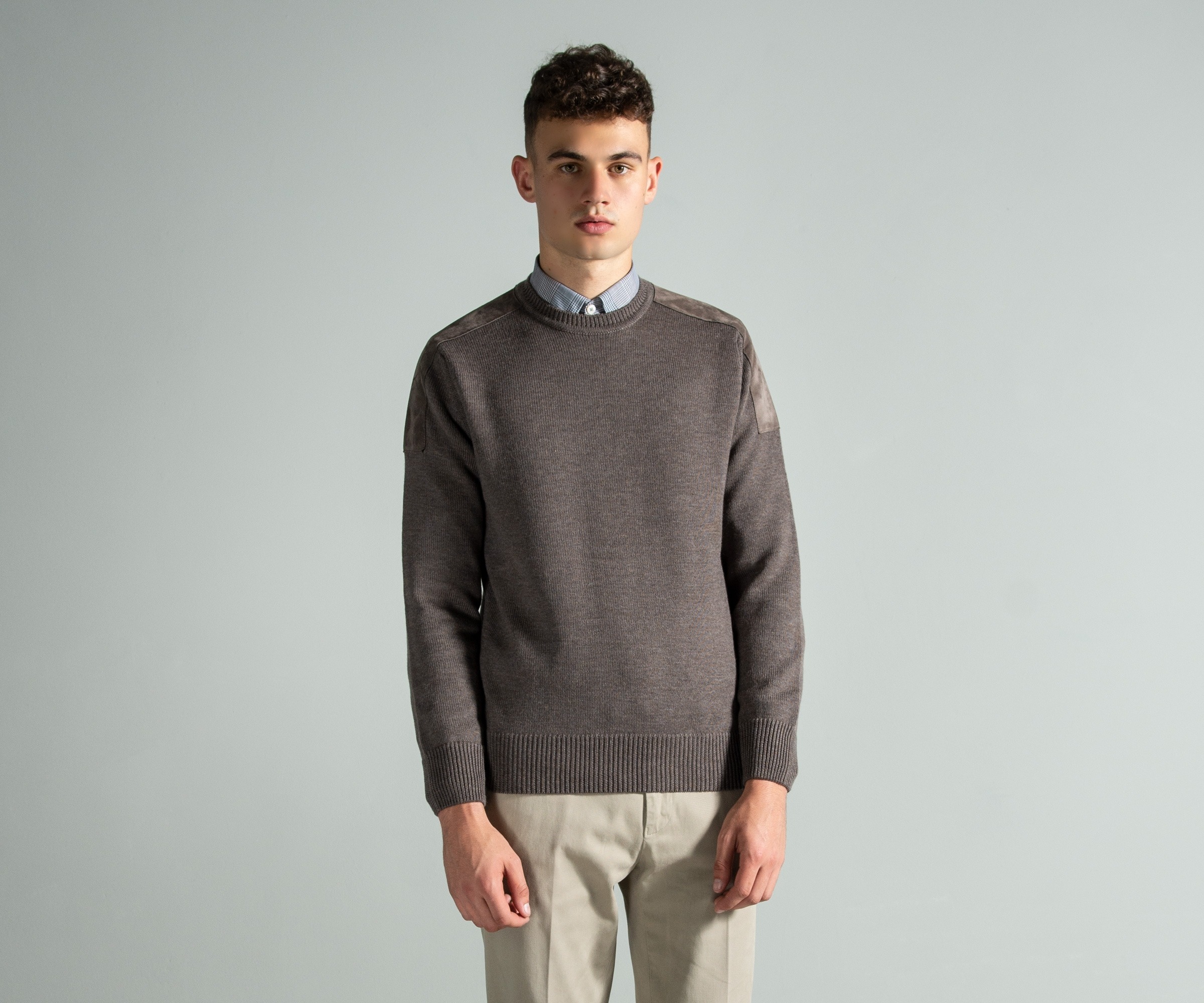 Canali Crew Neck Wool Knit With Suede Detail Brown