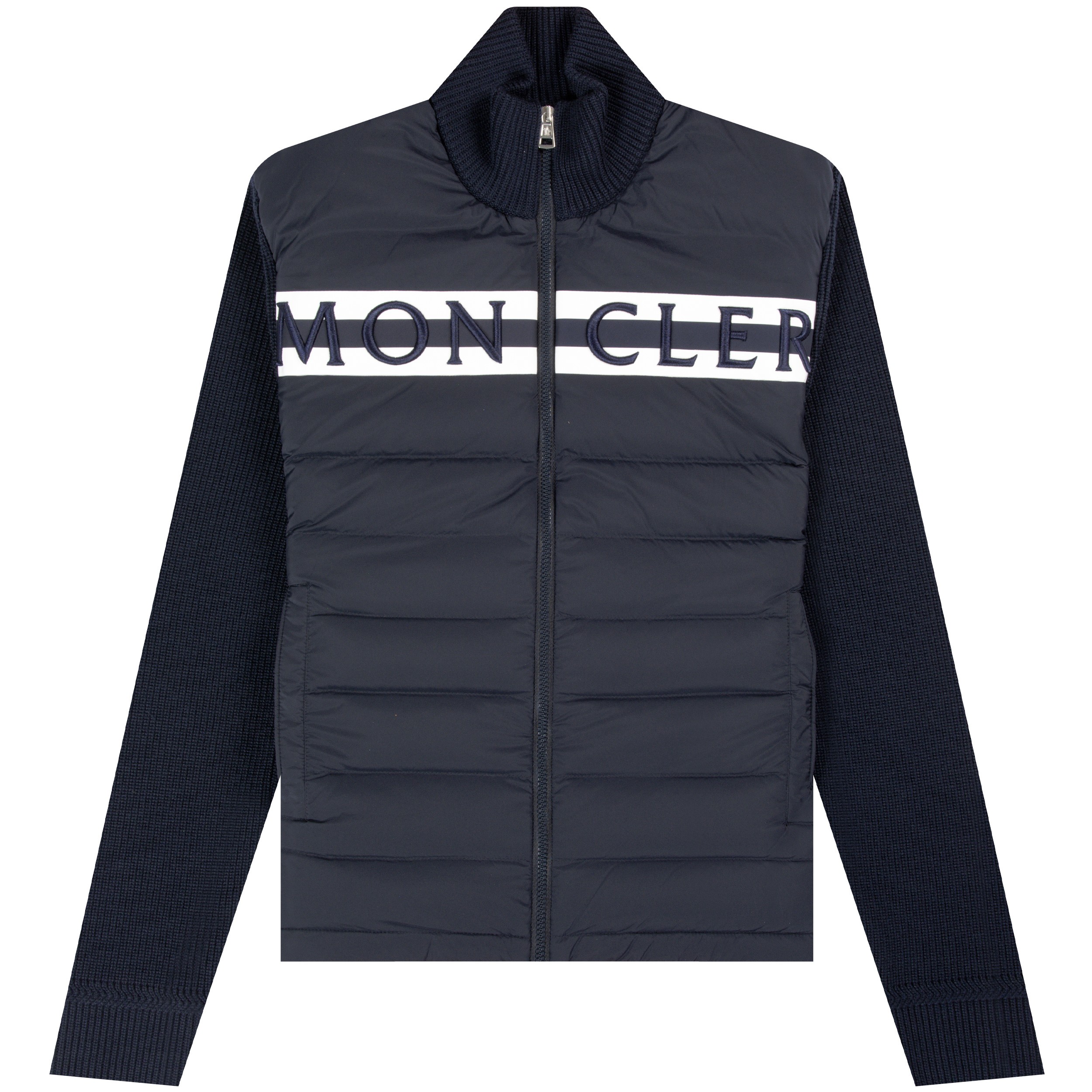 Moncler 'Full Zip' Quilted Chest Logo Cardigan Navy
