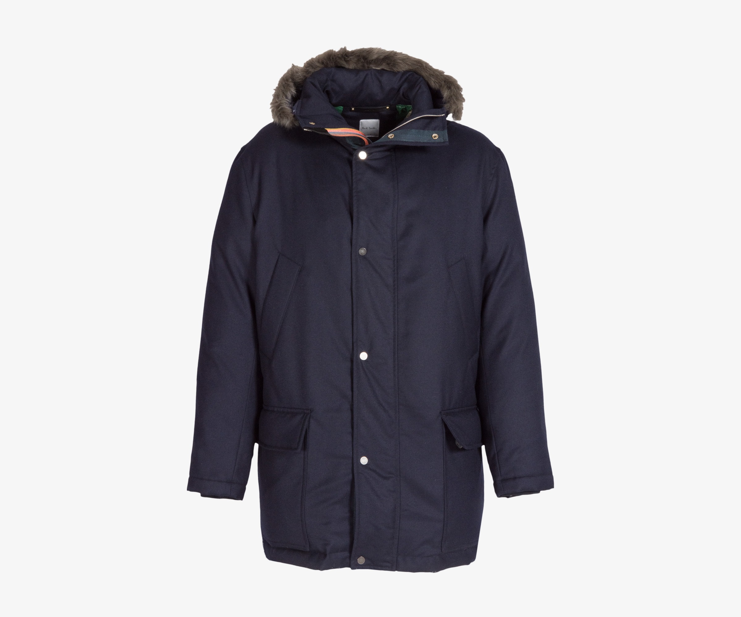Paul Smith Wool & Down Parka With Fur Trimmed Fixed Hood Navy
